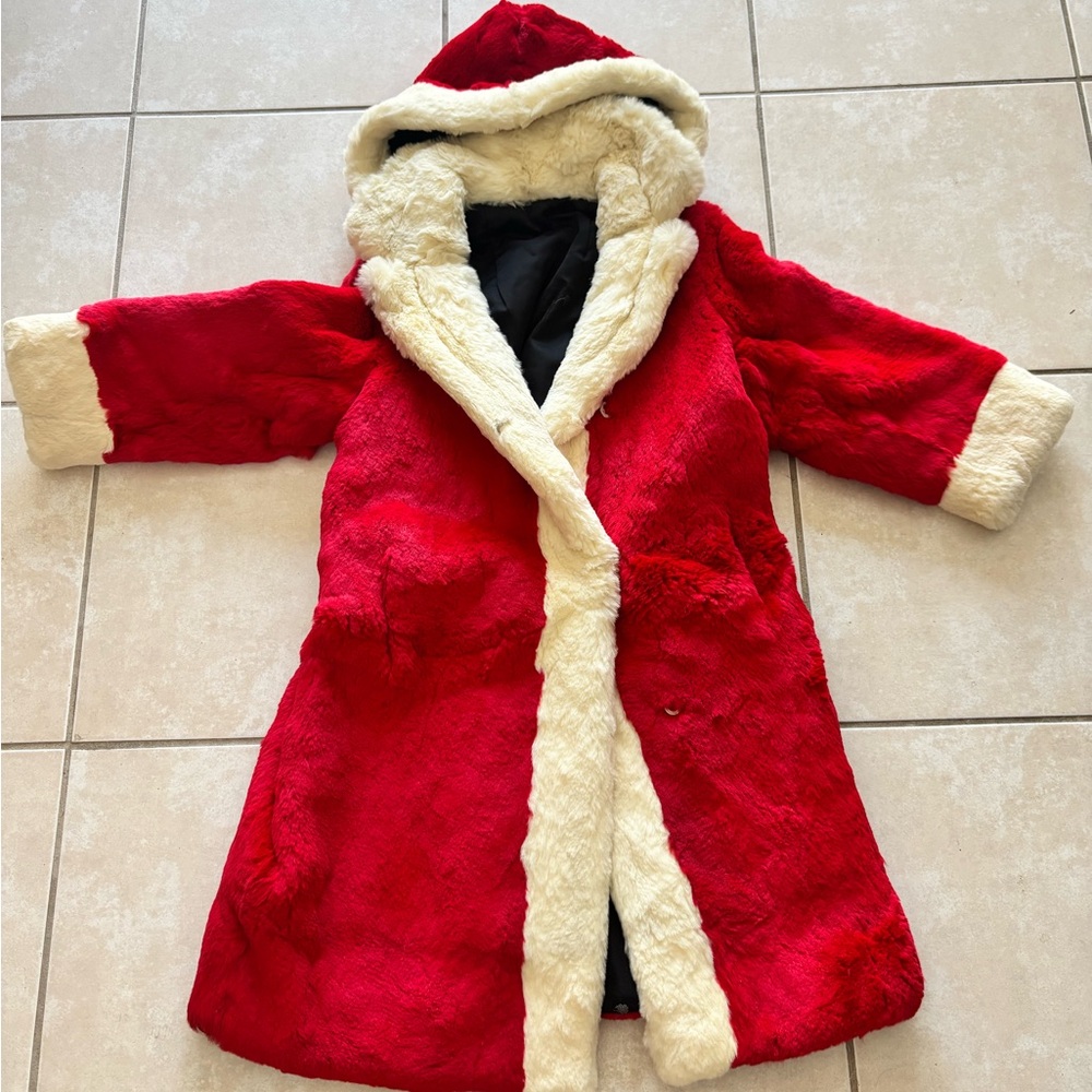 Little Girls Red Rabbit Fur Coat with Cream Trim